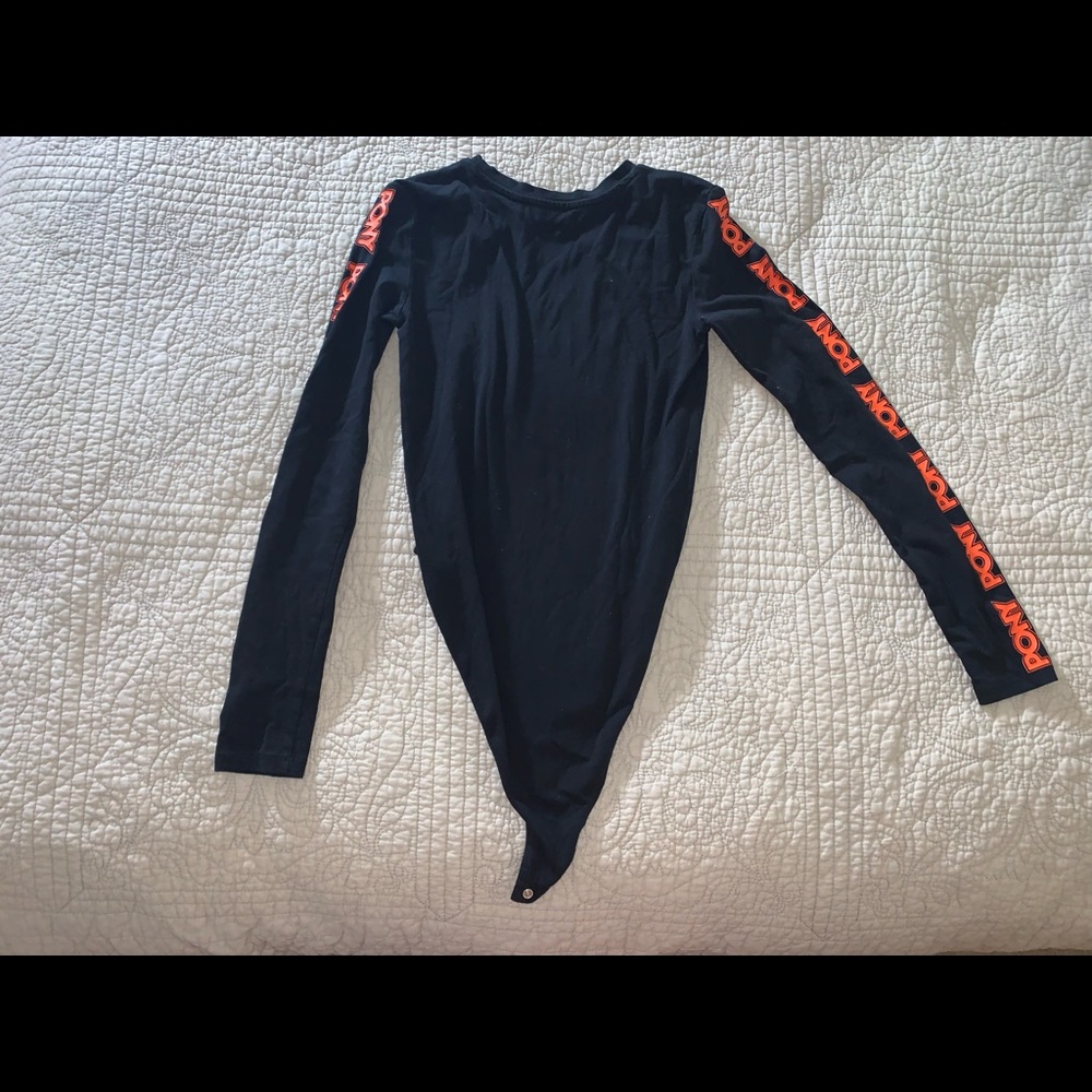 Black bodysuit PONY brand name on sleeves